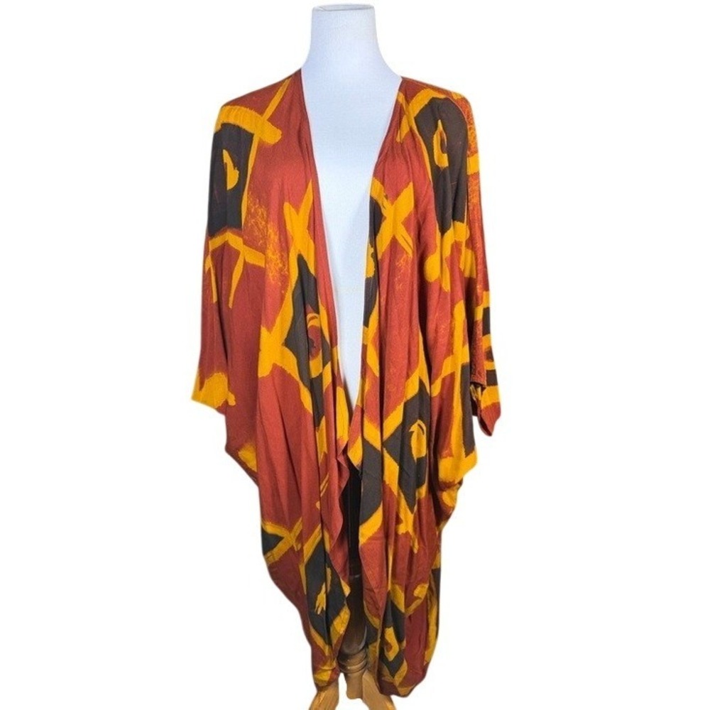 Ramin Womens One Size Kimono Wrap Batik Geometric Print Rust Yellow Indonesia